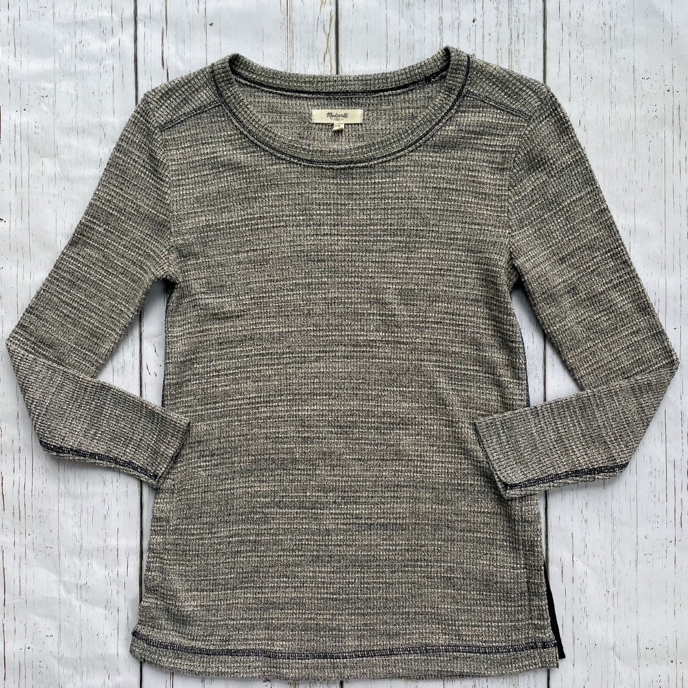Madewell waffle knit thermal black beige 3/4 sleeve shirt style e5713 size small